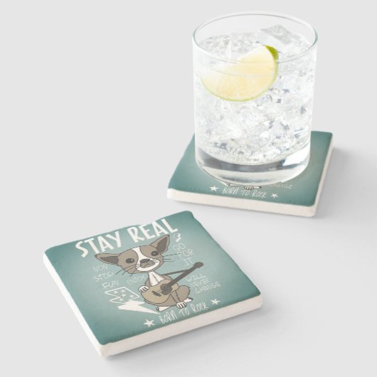 Guitar Dog STAY REAL Born to Rock Stone Onderzette Stenen Onderzetter (Zijkant)