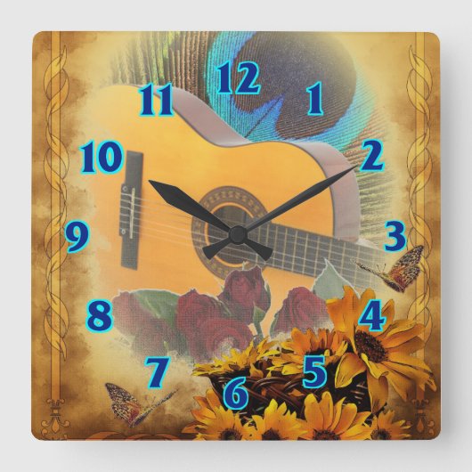 Guitar Floral Vierkante Klok (Voorkant)