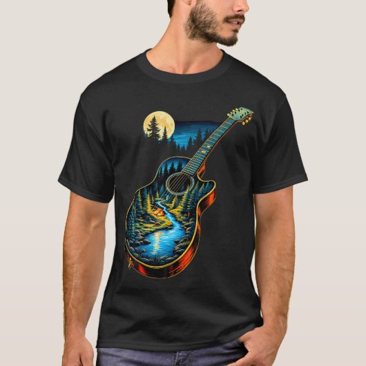 Guitar Lake Reflections Forest Pine Tree Moon Camp T-shirt (Voorkant)