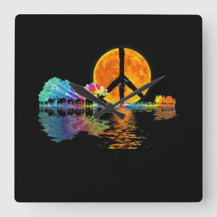 Guitar Lake Shadow Peace Love Guitar Hippie Vierkante Klok