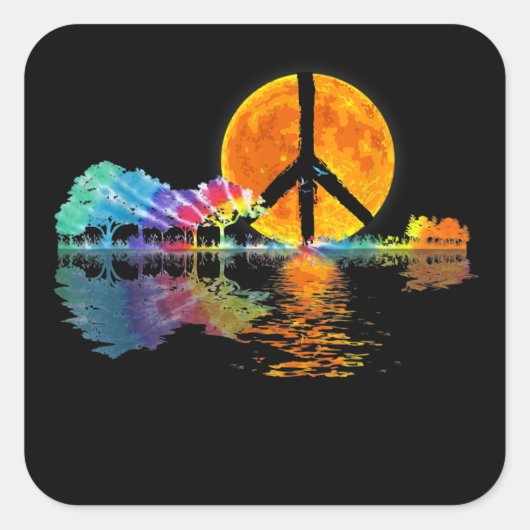 Guitar Lake Shadow Peace Love Guitar Hippie Vierkante Sticker (Voorkant)