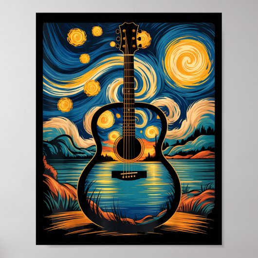 Guitar Lake Starry Night Music Guitarist Van Gogh  Poster (Voorkant)