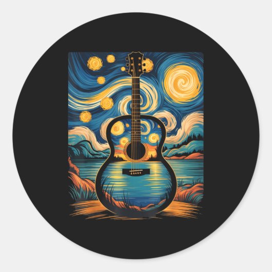 Guitar Lake Starry Night Music Guitarist Van Gogh  Ronde Sticker (Voorkant)