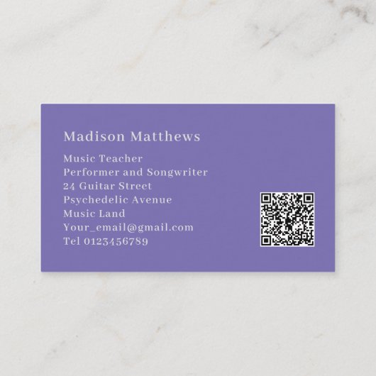 Guitar Music Teacher Custom QR Code Paars Visitekaartje (Achterkant)