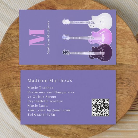 Guitar Music Teacher Custom QR Code Paars Visitekaartje