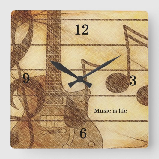Guitar Music Theme Wall Clock Vierkante Klok (Voorkant)