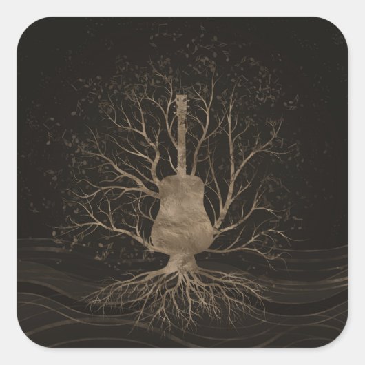 Guitar Music Tree - Goud en Browns Vierkante Sticker (Voorkant)