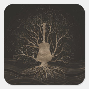 Guitar Music Tree - Goud en Browns Vierkante Sticker