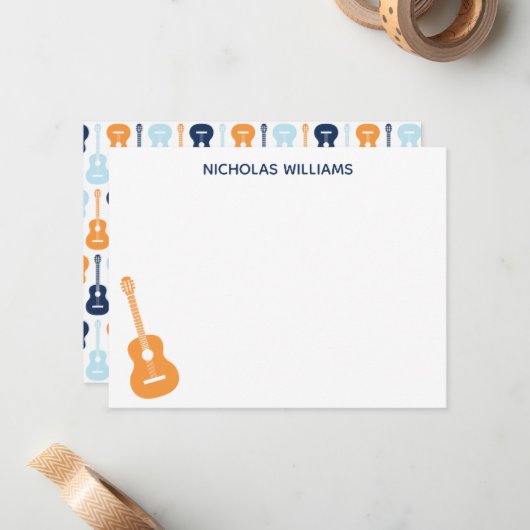 Guitar Musical Note Card Blues en Oranje Notitiekaartje (Voorkant / Achterkant in situ)
