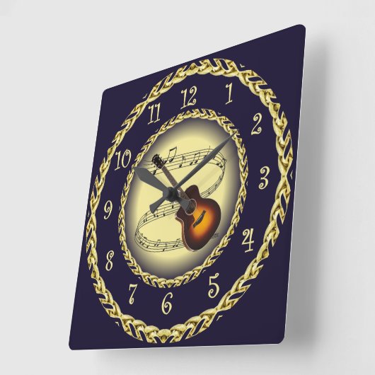 Guitar ~ Musical Scroll ~ Gold/Navy Blue ~ Vierkante Klok (Hoek)