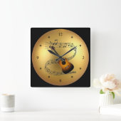 Guitar ~Musical Scroll ~Golden Wereldbol Backgroun Vierkante Klok (Huis)