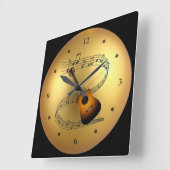 Guitar ~Musical Scroll ~Golden Wereldbol Backgroun Vierkante Klok (Hoek)
