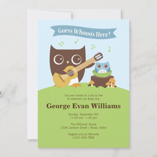 Guitar Owl Sip en zie Baby Boy Shower Invitation Kaart (Voorkant)