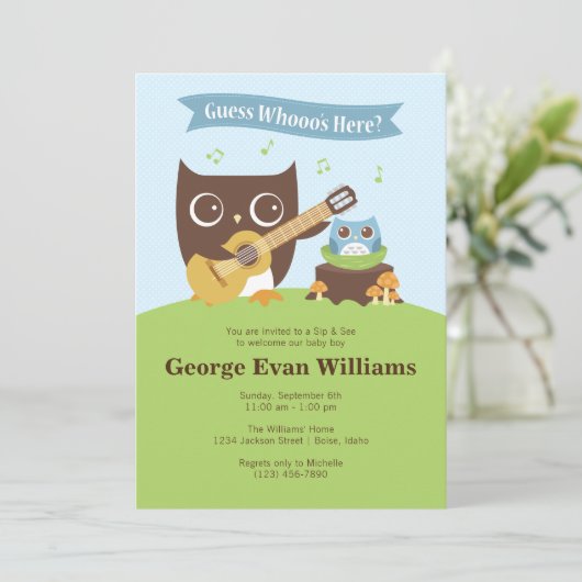 Guitar Owl Sip en zie Baby Boy Shower Invitation Kaart (Staand voorkant)