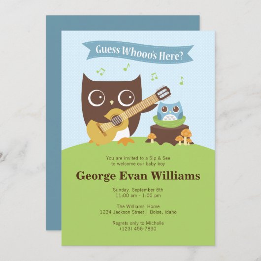 Guitar Owl Sip en zie Baby Boy Shower Invitation Kaart (Voorkant / Achterkant)