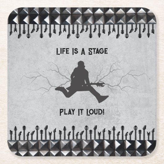 Guitar Play It Loud Gray Black Music Rockstar  Kartonnen Onderzetters (Voorkant)