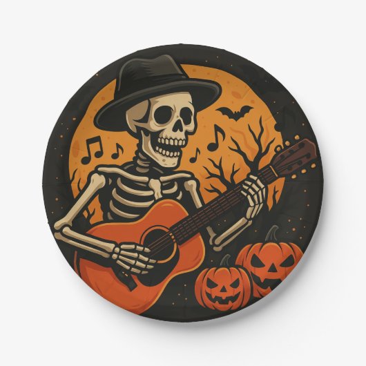 Guitar-Playing Skull Halloween Paper Plate Papieren Bordje (Voorkant)