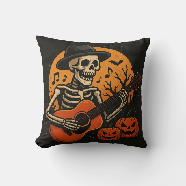 Guitar-Playing Skull Halloween Throw Pillow Kussen (Voorkant)