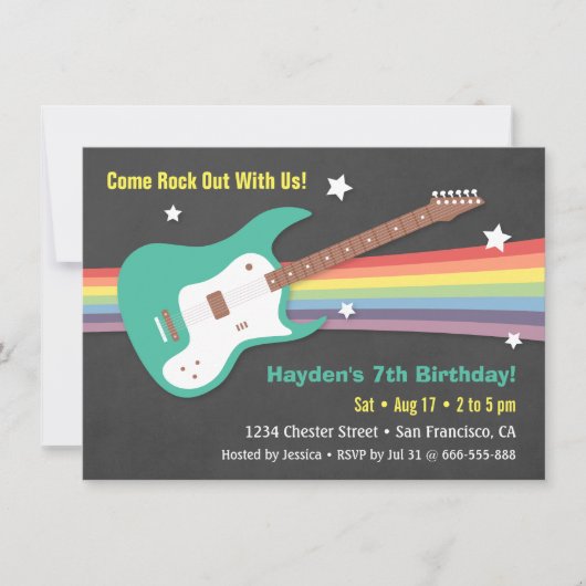 Guitar Rainbow Rockstar Birthday Party Invitations Kaart (Voorkant)