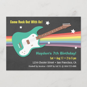 Guitar Rainbow Rockstar Birthday Party Invitations Kaart