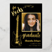 Guitar Rock Music Graduation Party Zwart en Goud Folie Uitnodiging (Voorkant)