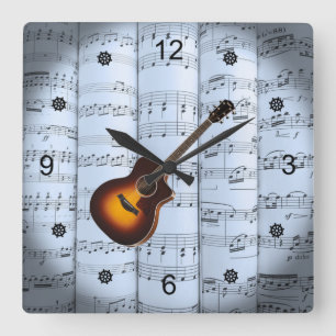 Guitar ~ Rolled Sheet Music ~ Blue Tint Background Vierkante Klok