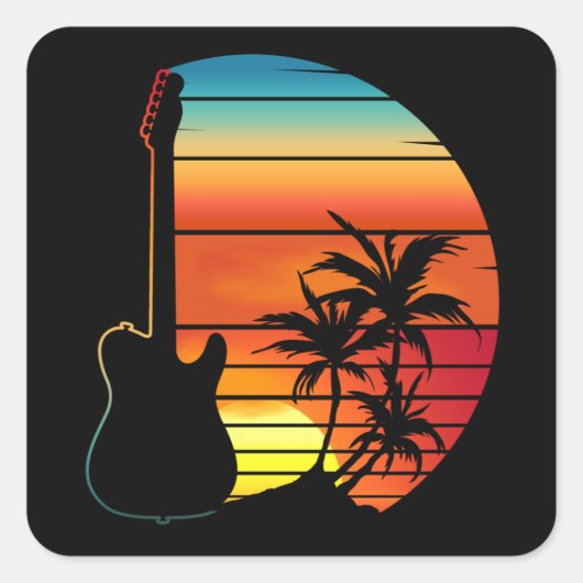 GUITAR SUNSET RETRO MUSIC LOVER VIERKANTE STICKER (Voorkant)