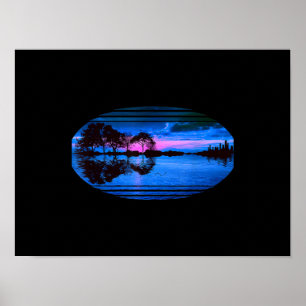 Guitar Sunset Sky Trees City Lake Reflection Poster