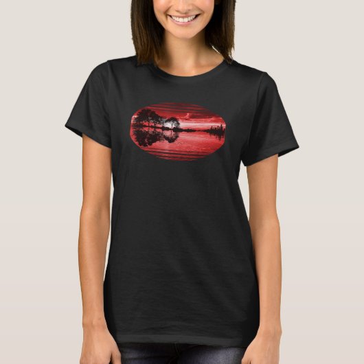 Guitar Sunset Sky Trees City Lake Reflection Styli T-shirt (Voorkant)