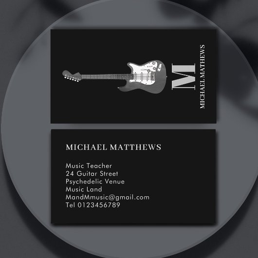Guitar Teacher Monogrammen Simple Black and White Visitekaartje