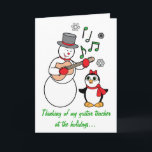 Guitar Teacher Snowman en Penguin Holiday Card Feestdagen Kaart<br><div class="desc">Deze kerstsnowmans serenade heeft een jonge pinguïn gechanteerd. (Ga naar ons in PenguinCornerStore om overeenkomende objecten en veel andere creatieve en unieke producten te bekijken!)</div>