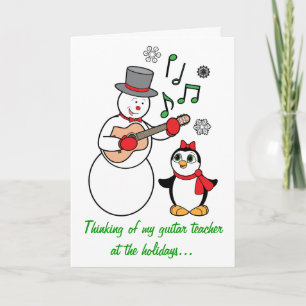 Guitar Teacher Snowman en Penguin Holiday Card Feestdagen Kaart