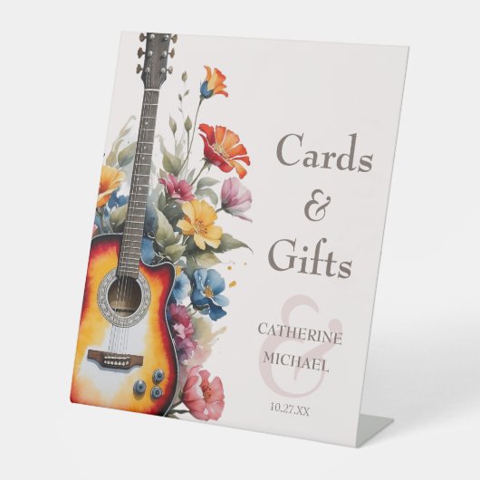 Guitar Wildflower Ampersand Musical Huwelijkscadea Reclamebord Met Voetstuk (Voorkant)