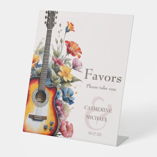 Guitar Wildflower Ampersand Musical Wedding Favors Reclamebord Met Voetstuk (Voorkant)