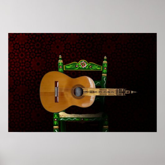 Guitarra española con Giralda de Sevilla y silla. Poster (Voorkant)
