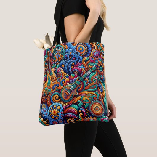 Guitars in mandala batik style tote bag (Dichtbij)