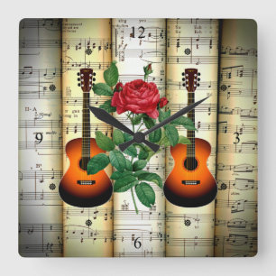 Guitars & Rose ~ Rolled Sheet Music ~ Great Gift ~ Vierkante Klok