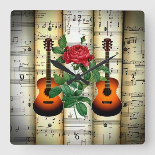 Guitars & Rose ~ Rolled Sheet Music ~ Great Gift ~ Vierkante Klok (Voorkant)