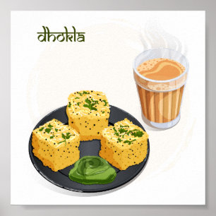 Gujarati Dhokla & Hete Masala Chai Indisch Voedsel Poster