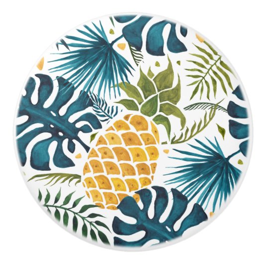 Gulden anananasappelblauw bladblauw wit keramische knop (Voorkant)