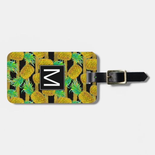 Gulden anananassen op strepen | Monogram Bagagelabel (Voorkant horizontaal)