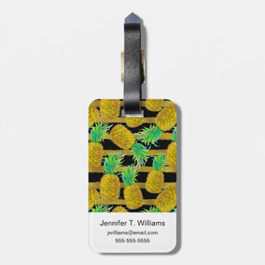 Gulden anananassen op strepen | Monogram Bagagelabel (Achterkant verticaal)