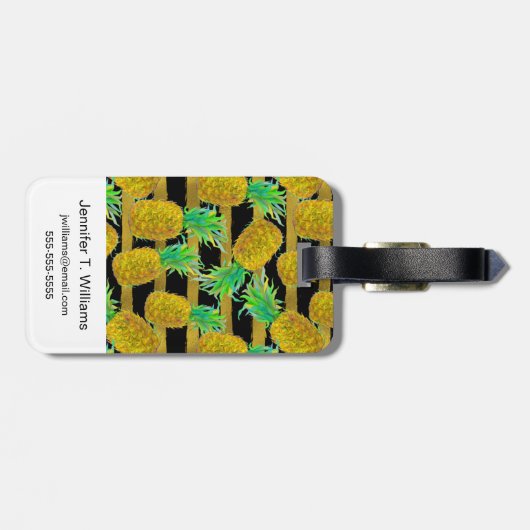 Gulden anananassen op strepen | Monogram Bagagelabel (Achterkant horizontaal)