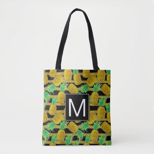 Gulden anananassen op strepen | Monogram Tote Bag (Voorkant)