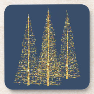 Gulden kerstbomen Blauwe Onderzetters set