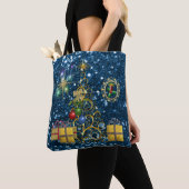 Gulden kerstboom en Cadeaus Blauwe faux Glitter Tote Bag (Dichtbij)