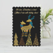 Gulden kerstrenrendieren Pine Trees Black Feestdagenkaart (Staand voorkant)
