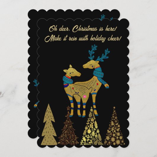 Gulden kerstrenrendieren Pine Trees Black Feestdagenkaart (Voorkant / Achterkant)