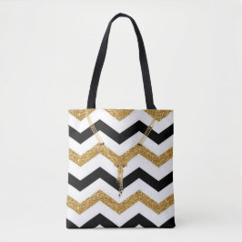 Gulden, witte en zwarte zigzag met Ketting Tote Bag