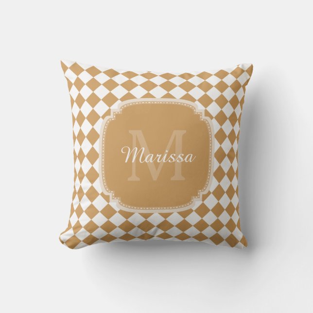Guldenroede Gele Geruite Monogram Met Naam Kussen (Voorkant)